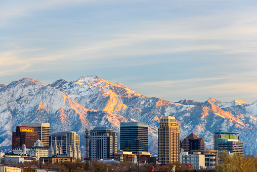 Salt lake City downtown and snow capped mountain