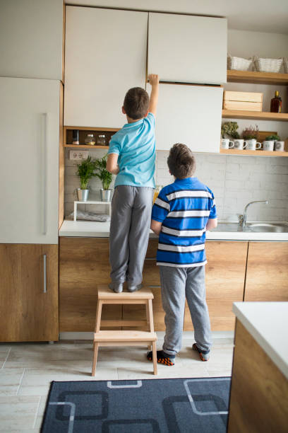 istock Brothers fence fighting in kitchen 946326574