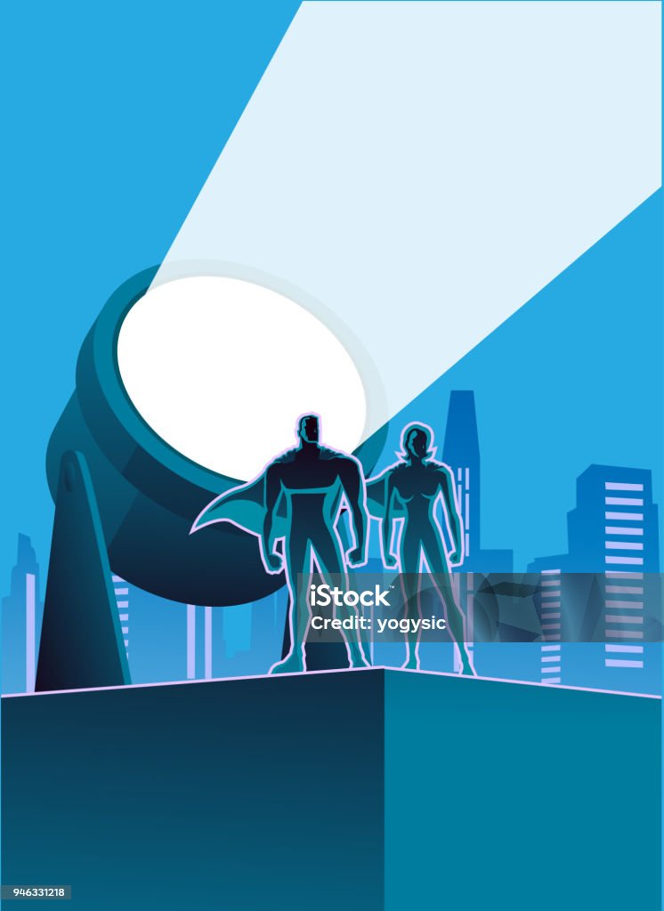Vector superhero couple with searchlight and city skyline in the background A vector silhouette style illustration of a couple of superheroes on a building rooftop with big searchlight and city skyline in the background. Put your logo or text on the searchlight or in other space available. Superhero stock vector