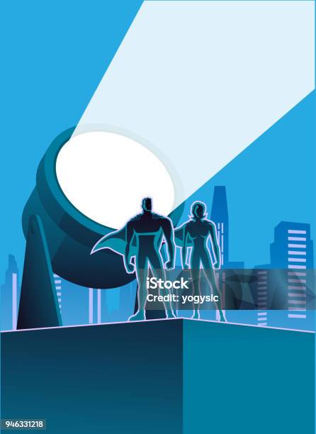 Vector Superhero Couple With Searchlight And City Skyline In The Background Stock Illustration - Download Image Now