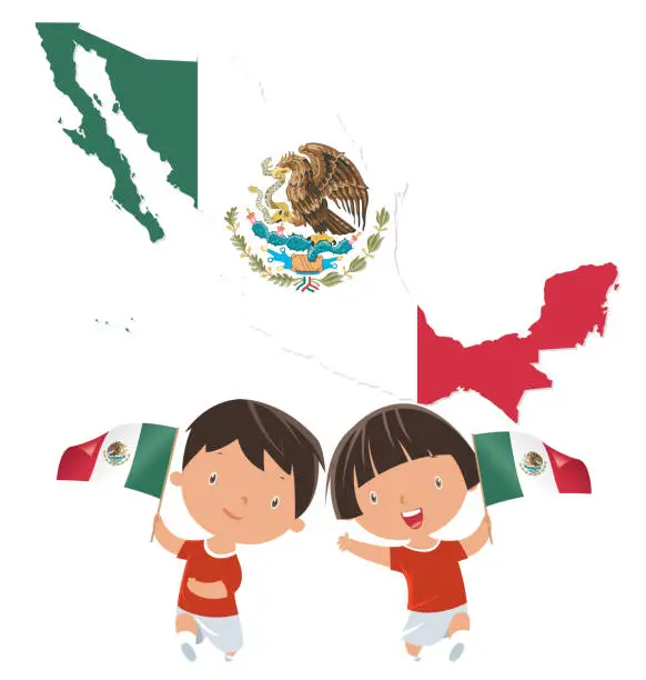 Vector illustration of Kids holding Mexico flag