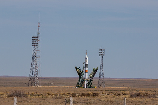 Spaceship Soyuz on Baikonur spaceport  ready for launch.