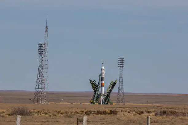 Photo of Spaceship Soyuz on Baikonur spaceport  ready for launch