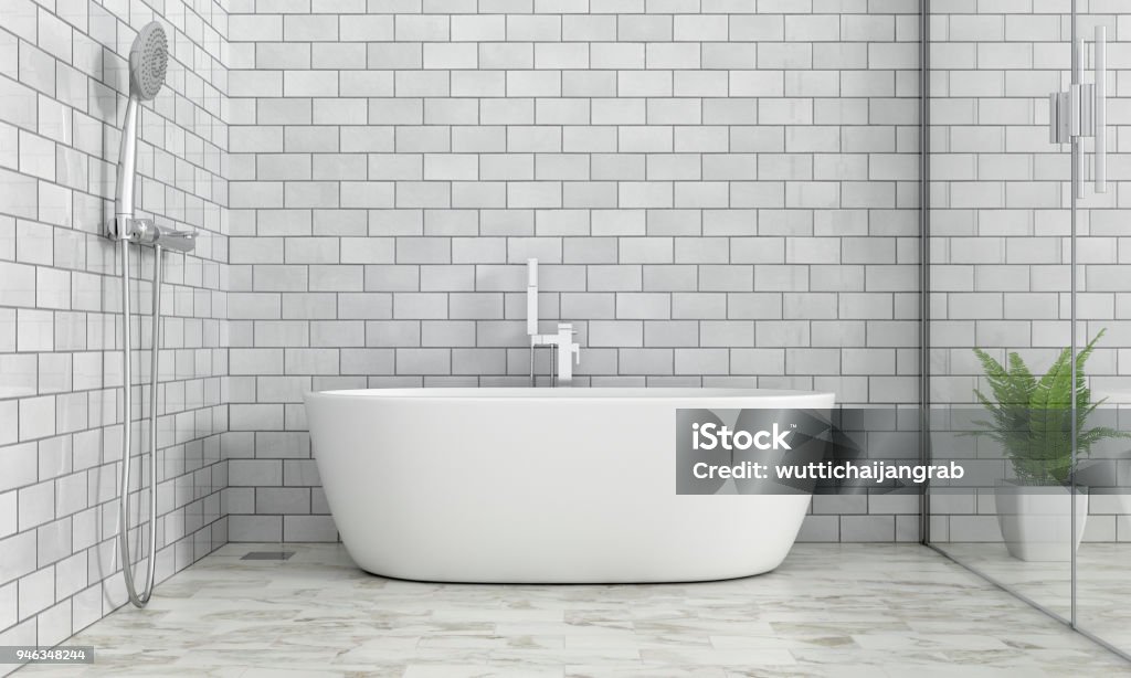 Bathroom interior bathtub Bathroom interior bathtub, 3D rendering Tile Stock Photo