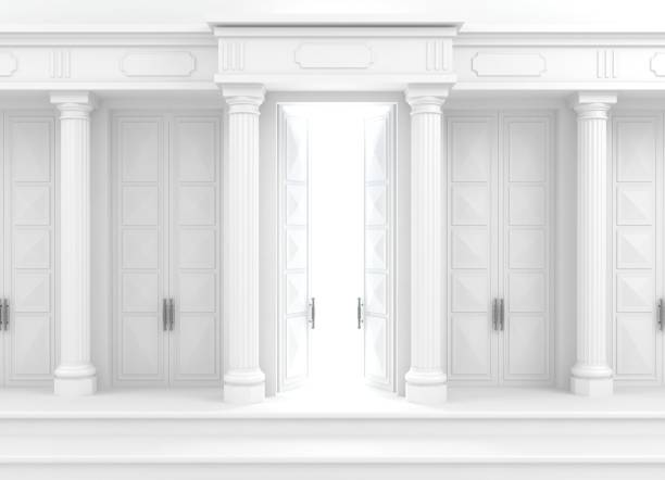 Classical facade with columns 3D illustration. Background with classic wall with stone white columns and double open doors. shaping room stock pictures, royalty-free photos & images