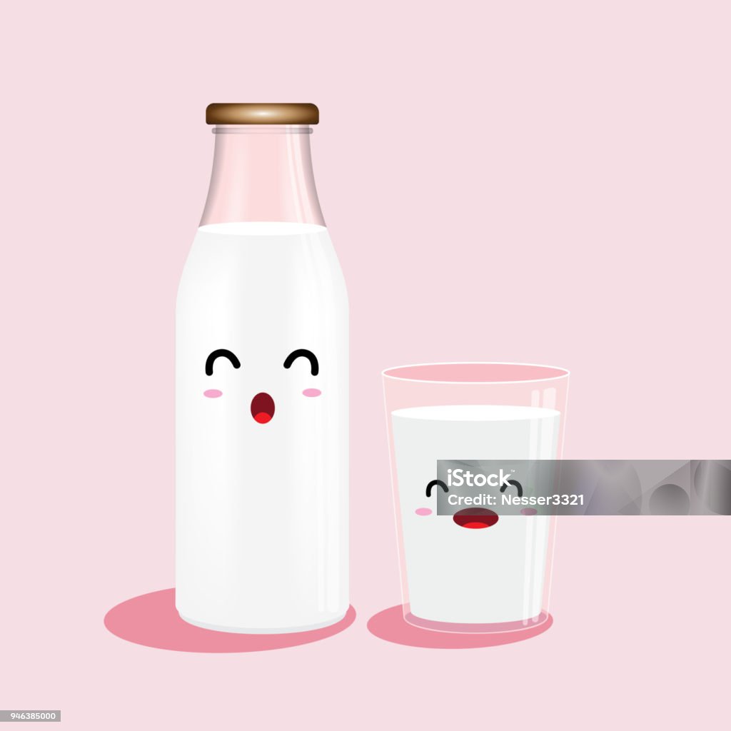 The traditional bottle of milk and glass of milk isolated on pink background.  Vector cartoon design.  Vector illustration. Milk stock vector