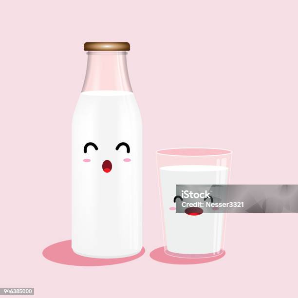 The Traditional Bottle Of Milk And Glass Of Milk Isolated On Pink Background Vector Cartoon Design Vector Illustration Stock Illustration - Download Image Now