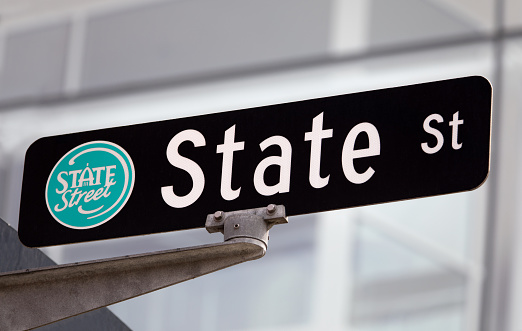 Madison, Wisconsin, USA - April 12, 2018: A view of a street sign along State Street in downtown, Madison WI that connects the University of Wisconsin to the Wisconsin State Capitol building.
