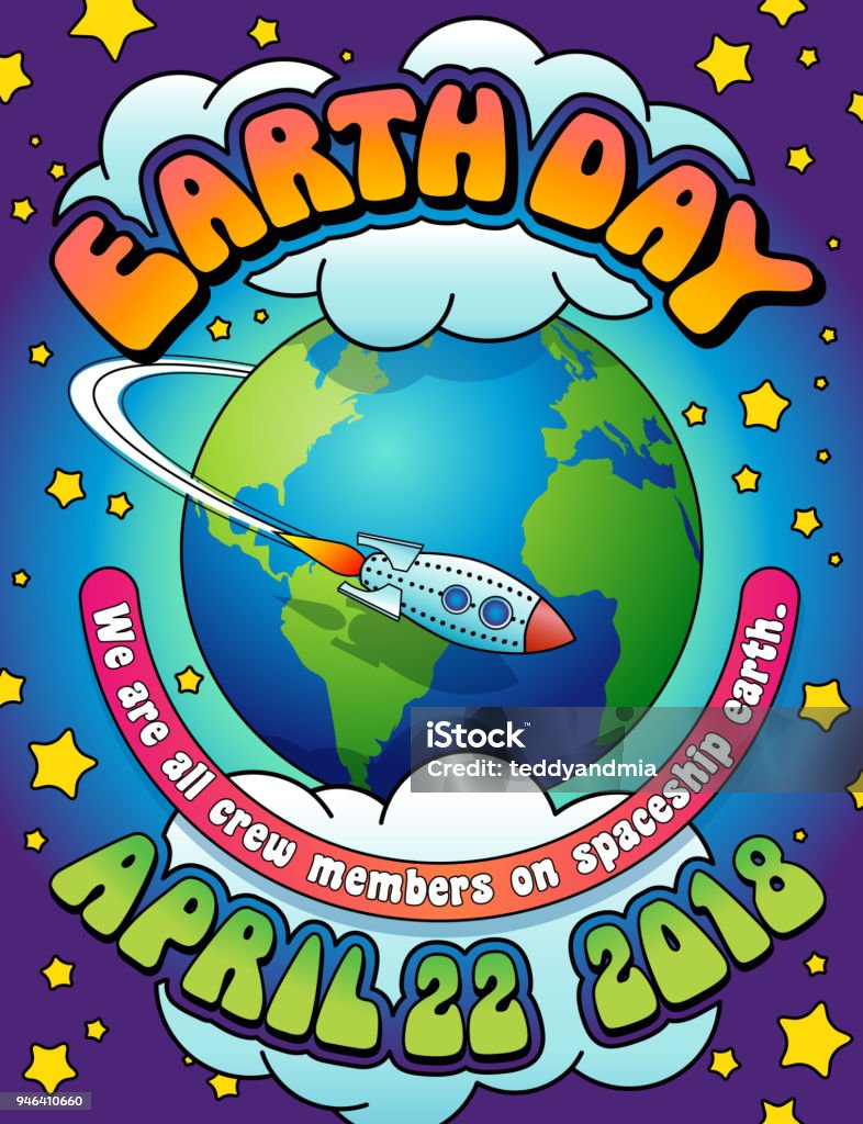 Retro psychedelic Earth Day poster Earth Day poster or banner design in colorful 1960s psychedelic style. Vector Illustration. Hippie stock vector