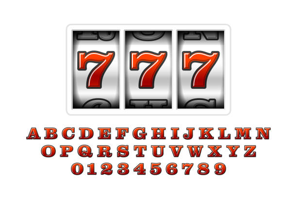 Slot machines retro font Slot machine with lucky seventh jackpot, 777. Slot machines retro font, letters and numbers, vector illustration jackpot stock illustrations