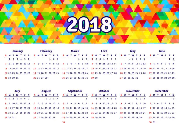 Vector illustration of Calendar 2018 horizontal A4 format starts on Sunday