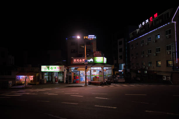 Seogwipo, Jeju Island Korea - April 12th, 2018: Its the retail street of Seogwipo downtown at night in Jeju Island Korea. 제주 서귀포