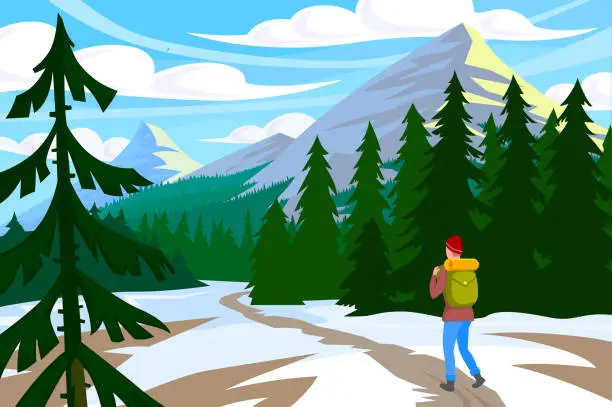 Vector illustration of Traveler walk in mountain