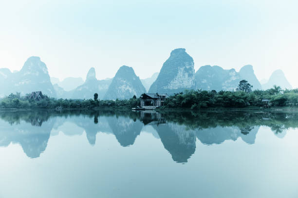 Arial view of Guilin, Li River and Karst mountains Yangshuo and Xingping, Guangxi Province, China