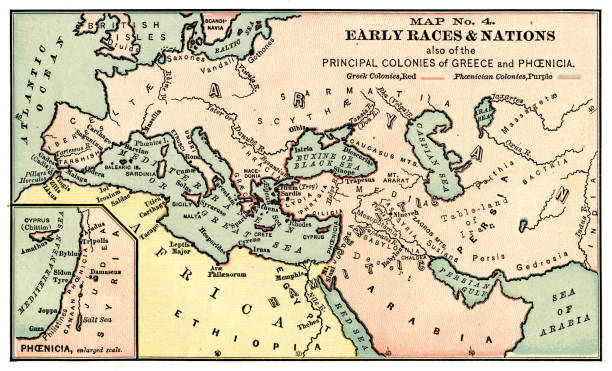 Map of early races and nations 1889 Comprehensive Geography by James Monteith - American Book Company 1882, 1889. colonies map stock illustrations
