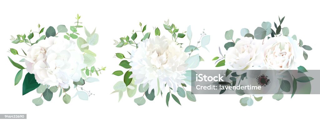 Wedding white flowers vector design bouquets Wedding white flowers vector design bouquets.Hydrangea, rose, anemone, ranunculus, chrysanthemum,eucalyptus, greenery.Floral border composition.Trendy watercolor.All elements are isolated and editable White Color stock vector