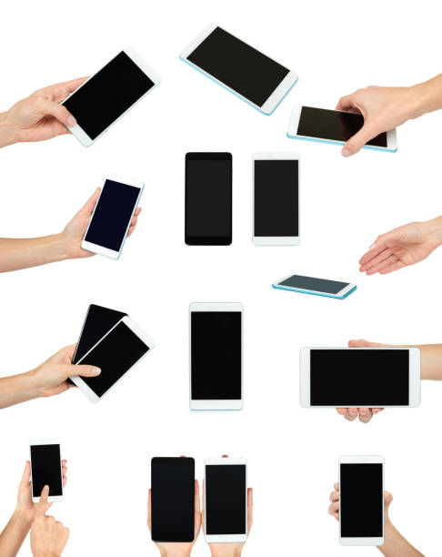 istock set of different Female hands hold a cell phone, mockup template. Isolated on white background 946437696