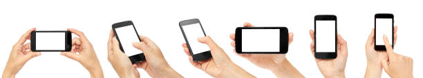 istock set of different Female hands hold a cell phone, mockup template. Isolated on white background 946437710