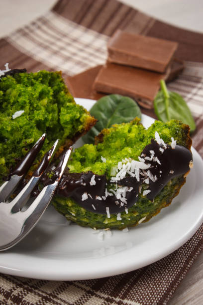 istock Fresh muffins with spinach, desiccated coconut and chocolate glaze 946440228