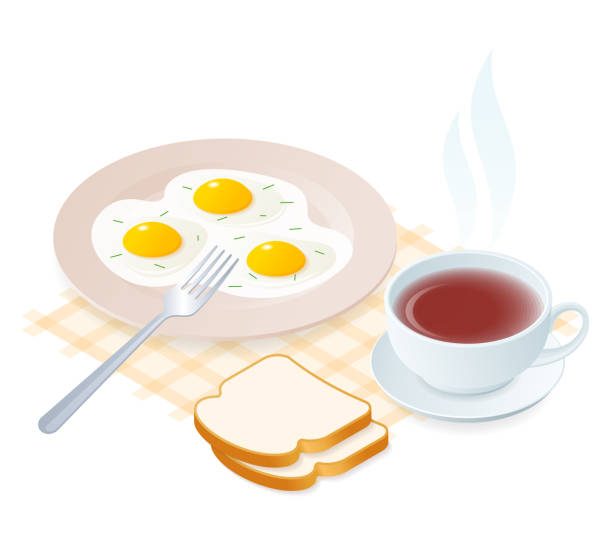 płaska izometryczna ilustracja talerza z jajecznicą, widelcem, filiżanką do herbaty. - fork plate isolated scrambled eggs stock illustrations