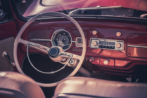 Close-up, detailed photo of a classic oldtimer luxury sports car.