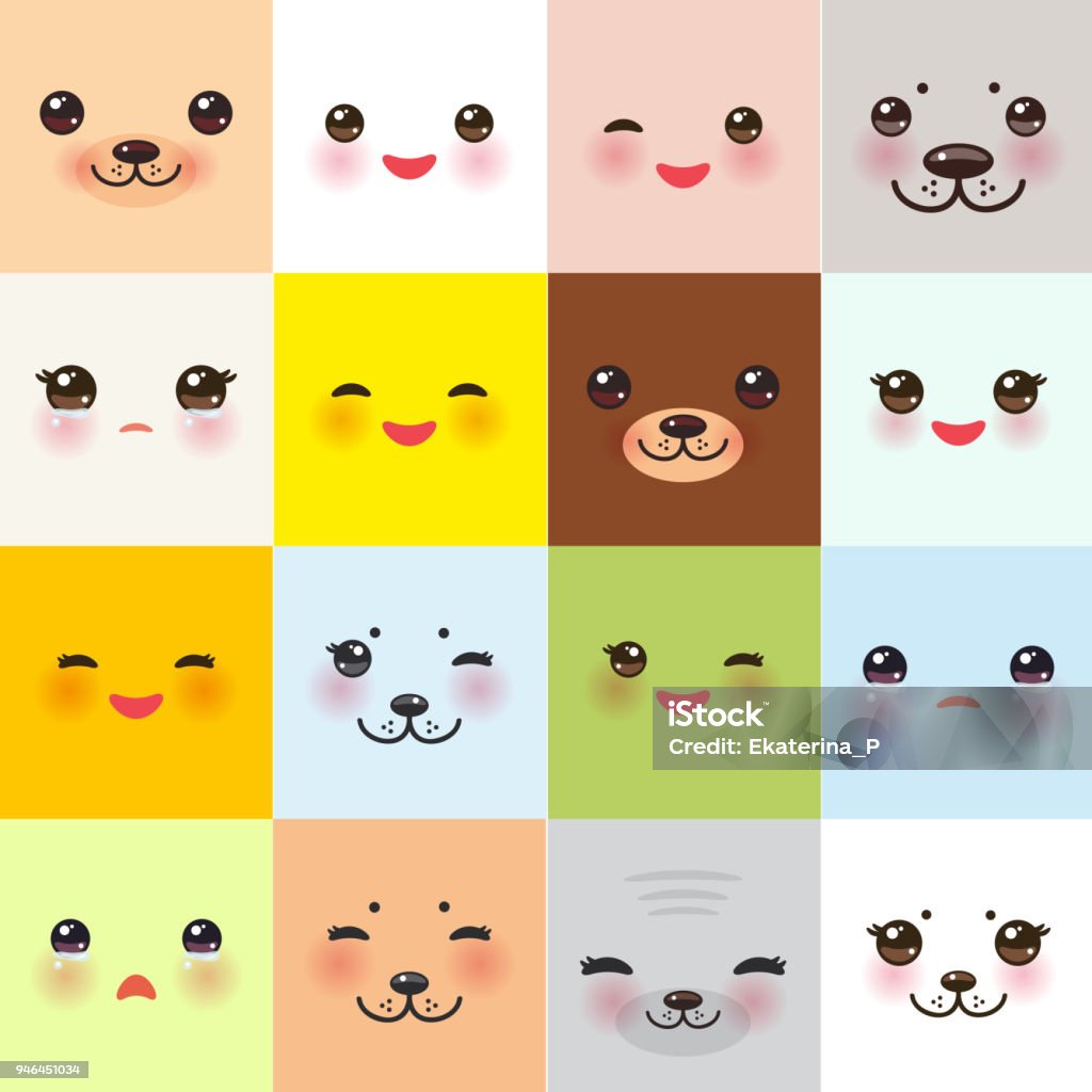 Kawaii funny muzzle set with pink cheeks and winking eyes on square background. Vector Kawaii funny muzzle set with pink cheeks and winking eyes on square background. Vector illustration Kawaii stock vector