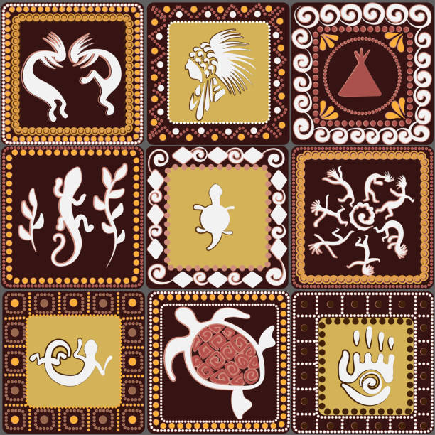 Seamless pattern with squares pattern with imitation of elements of rock art of ancient Indians, Aztecs, cavemen