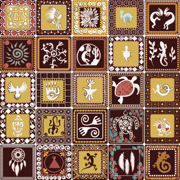Seamless pattern with squares pattern with imitation of elements of rock art of ancient Indians, Aztecs, cavemen
