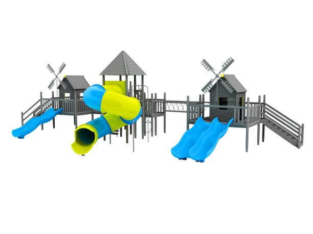 istock Modern playground for children black and white two blue slides and a yellow insert 3d rendering on a white background no shadow 946455098