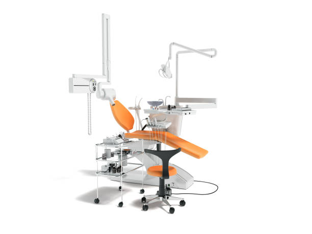 istock Dental equipment for dentist orange left perspective with chair and bedside table with tools 3d render on white background with shadow 946458508