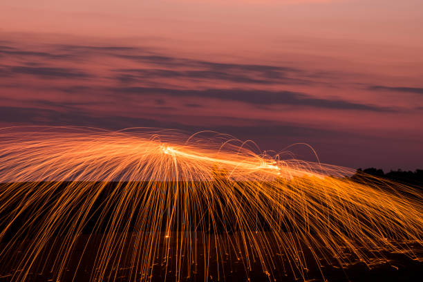Fire spin wheel abstract effect at night in dessert