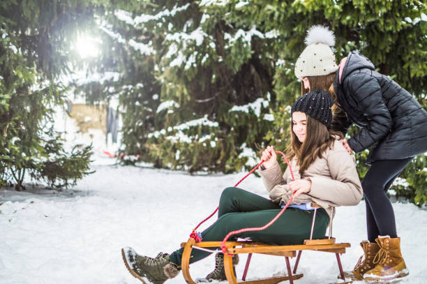 istock Sister twins having fun on snow 946459364