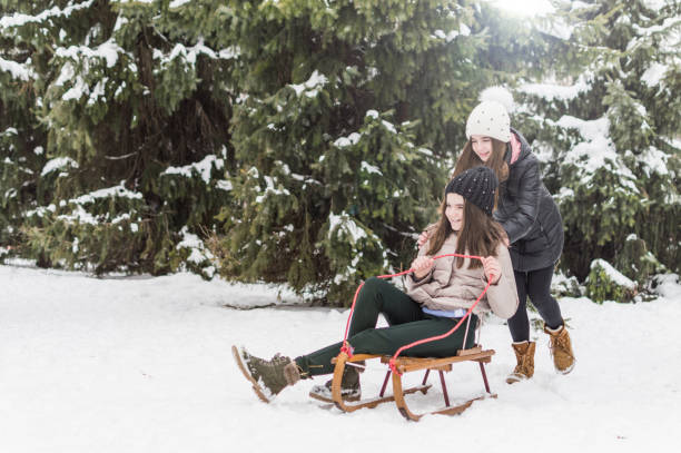 istock Sister twins having fun on snow 946459504