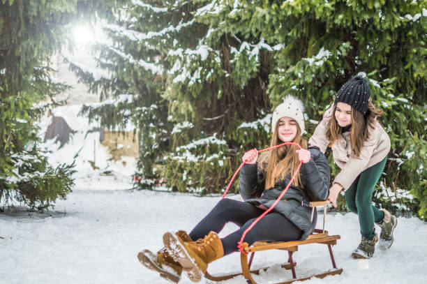 istock Sister twins having fun on snow 946459742