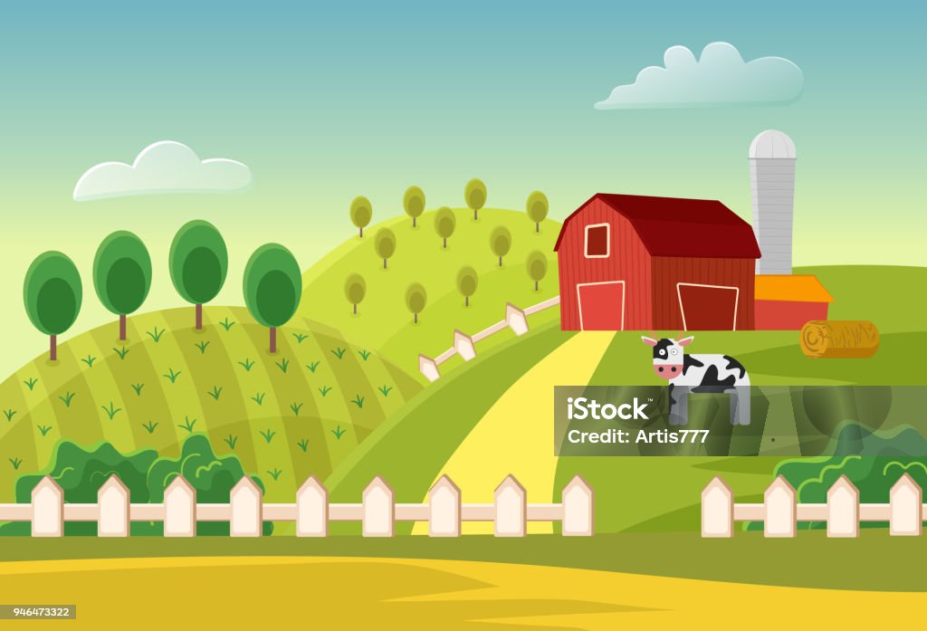 Ilustración de Campo De Dibujos Animados Vector Granja Paisaje Con  Edificios De Los Agricultores Y De La Vaca Paisaje Plano De La Finca y más  Vectores Libres de Derechos de Agricultor -