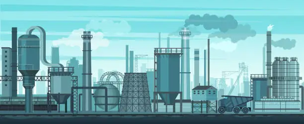 Vector illustration of Vector industrial landscape background. Industry, factory and manufacture. Environment pollution problem.
