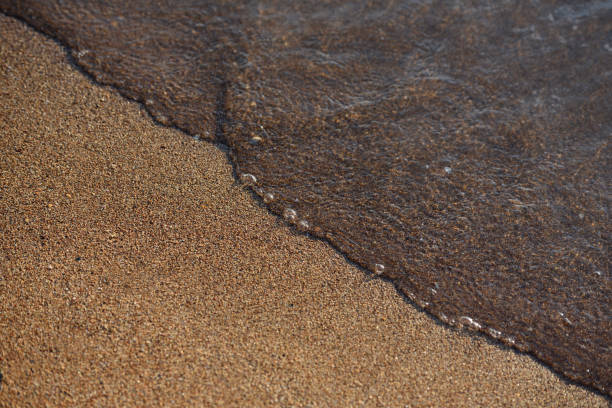 bela praia com molhado marrom areia e água do mar - sandy brown bay beach sand - fotografias e filmes do acervo
