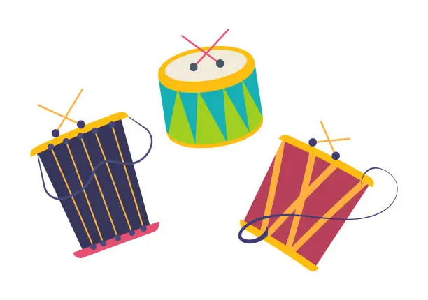 Vector illustration of Carnival, masquerade, party and festive accessories. Children music toys
