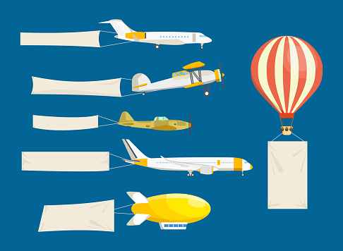 Set of air vehicles concept with white banners. Air vehicles: hang-glider, helicopter, airship, balloon, paraglider, biplane, land glider, amphibian aircraft. Modern vector illustration isolated.