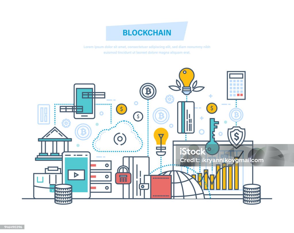 Blockchain, crypto currency, system of money turnover, safe transactions, bitcoins Blockchain, cryptocurrency, cloud technologies, safe transactions, bitcoins, finance, digital money market, crypto, analytics, monitoring via mobile application. Illustration thin line design. Bank Deposit Slip stock vector