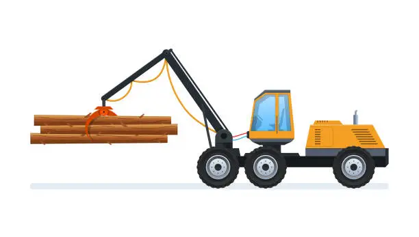 Vector illustration of Wood production and forestry. Loading and transporting goods