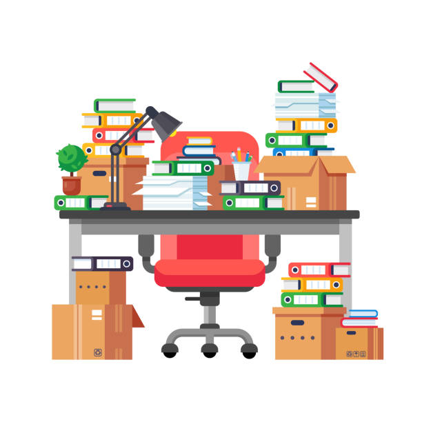 ilustraciones, imágenes clip art, dibujos animados e iconos de stock de trabajo de oficina con pila de documentos en papel y carpetas de archivo - cluttered desk