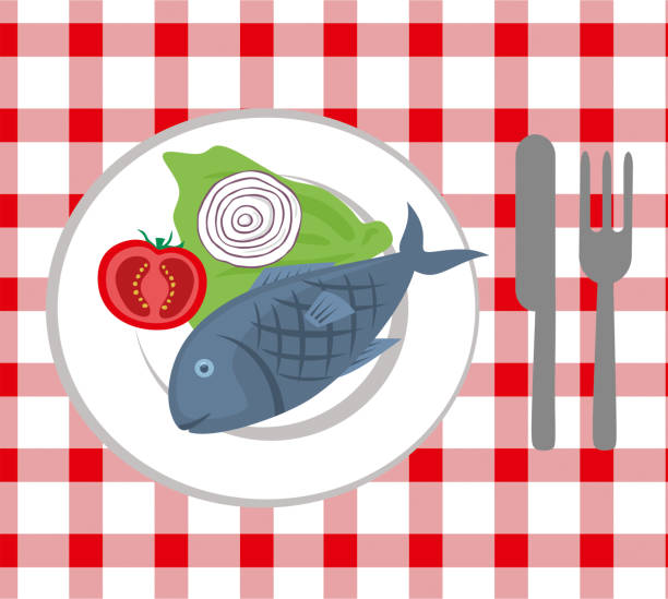 ilustraciones, imágenes clip art, dibujos animados e iconos de stock de pescado fresco en la placa - fish prepared fish fishing bass