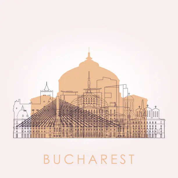 Vector illustration of Outline Bucharest skyline with landmarks. Vector illustration. Business travel and tourism concept with historic buildings. Image for presentation, banner, placard and web site.