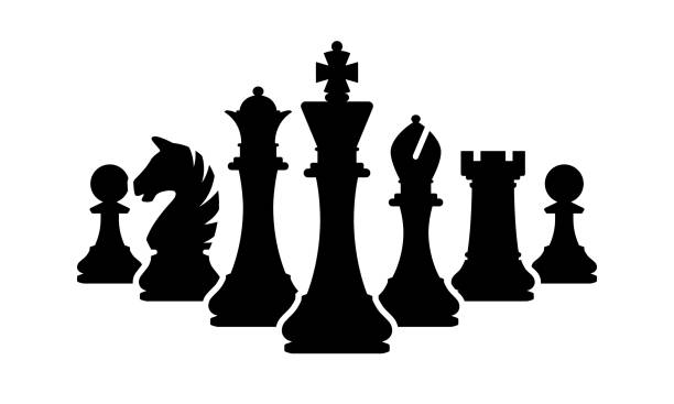 vektor-schach stücke team isoliert auf weiss. silhouetten von schachfiguren - chess king chess chess piece black stock-grafiken, -clipart, -cartoons und -symbole