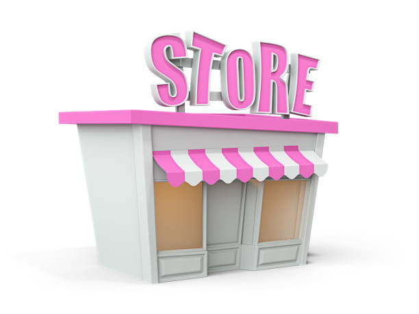Cartoon stylized pink white color store. Isolated on white. 3d render