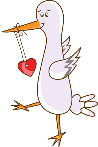 Funny bird. Cartoon Stork with heart. Valentine's Day