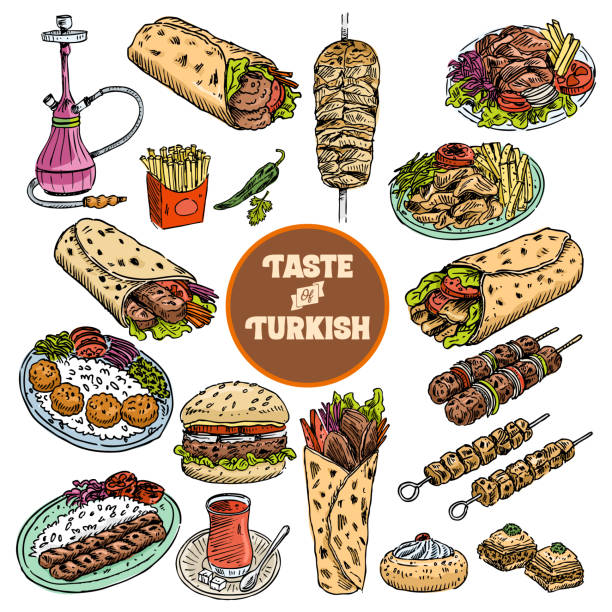 illustrazioni stock, clip art, cartoni animati e icone di tendenza di cibo turco disegnato a mano, illustrazione vettoriale - turkey burger