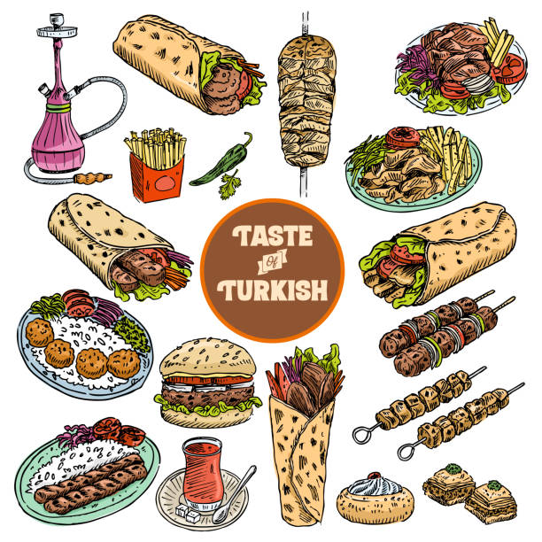 Hand drawn Turkish food, Vector Illustration All objects are grouped shish kebab stock illustrations