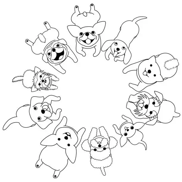 Vector illustration of lying small dogs looking up circle